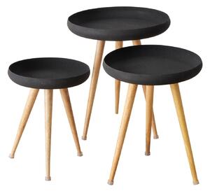 Stoliki kawowe loftowe z czarnym blatem i nogami z drewna mango MASDOUR, 3 sztuki