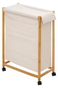 Wąski kosz na pranie na kółkach, tekstylny worek i bambusowy stelaż, 55 x 28 x 80 cm