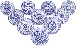 Zestaw 10 Ceramicznych Gałek, Niebiesko Białe, 65 mm, do Szafek Kuchennych i Łazienki
