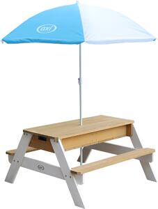 AXI Nick Sand & Water Picnic Table Brown/white - Umbrella Blue/white, Stół do piachu i wody, Zewnętrzna, 3 lat(a), Plastik, Drewno, Brązowy, Biały, 14,2 kg