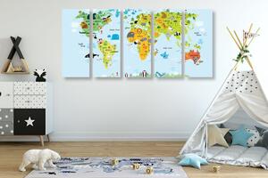 5-częściowy obraz dziecięca mapa świata ze zwierzętami