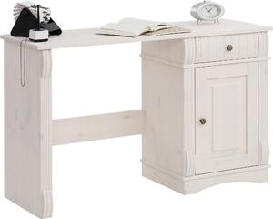 Białe sosnowe biurko z atrakcyjnym frezowaniami podkreślającymi unikatowy design