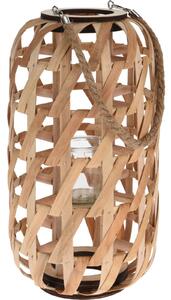 Drewniany lampion, minimalistyczna plecionka i uchwyt ze sznurka
