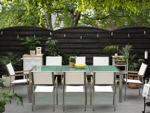 Zestaw ogrodowy stół szklany tłuczony blat 220x100cm 8 krzeseł białych Grosseto Beliani