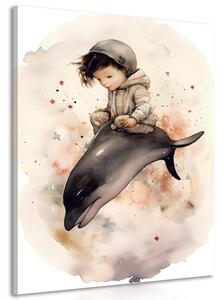 Obraz rozmarzony chłopczyk z delfinami