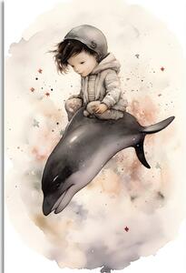 Obraz rozmarzony chłopczyk z delfinami