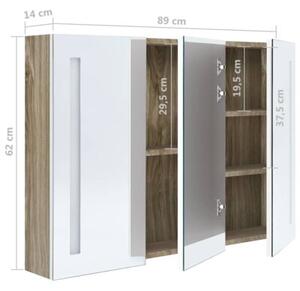 Szafka łazienkowa z lustrem i LED, 89x14x62 cm, biało-dębowa