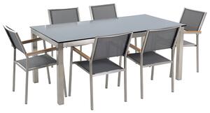 Zestaw ogrodowy stół czarny szklany blat 180x90cm 6 krzeseł szarych Grosseto Beliani