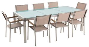 Zestaw ogrodowy stół szklany tłuczony blat 220x100cm 8 krzeseł beżowych Grosseto Beliani