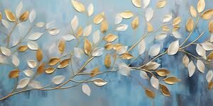 Obraz złoto-białe liście na niebieskim tle