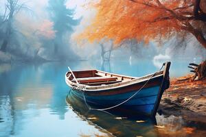 Obraz łodzi na bezludnym jeziorze