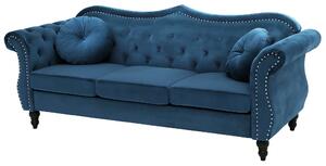 Trzyosobowa sofa welurowa pikowana niebieska z okrągłymi poduszkami Skien Beliani