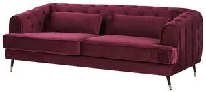Trzyosobowa sofa welurowa pikowana z 2 poduszkami burgundowa styl retro Sletta Beliani