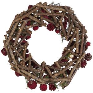 Okrągły wieniec świąteczny drewniany syntetyczny szyszki 50 cm ciemne drewno z czerwonym Filpus Beliani