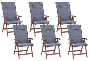 Zestaw 6 krzeseł ogrodowych drewno akacjowe z poduszkami niebieskimi Toscana Beliani