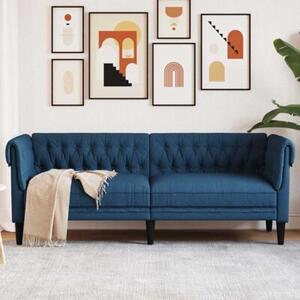 Sofa chesterfield, trzyosobowa, niebieska, obita tkaninÄ