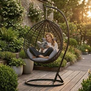 Fotel wiszący kokon ogrodowy ze stelażem poduszki czarny FUNFIT GARDEN