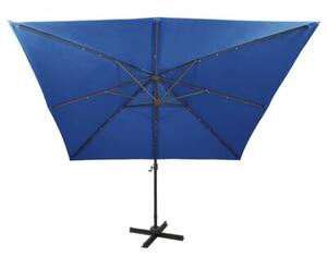 Parasol wiszący z LED i słupkiem, niebieski, 300 cm