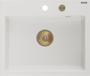 Mexen Oscar zlewozmywak granitowy 1-komorowy 580 x 490 mm, biały, syfon złoty - 6519581000-20-G