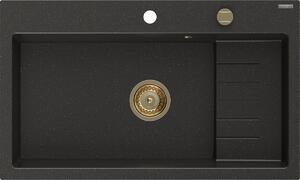 Mexen Omar zlewozmywak granitowy 1-komorowy 800 x 480 mm, czarny/złoty metalik, syfon złoty - 6520801005-75-G