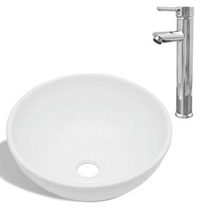 Umywalka z baterią mieszającą, ceramiczna, okrągła, biała