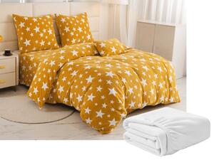 Zestaw pościeli z mikropluszu STARS żółto-pomarańczowy + prześcieradło z mikropluszu SOFT 180x200 cm białe, łóżko podwójne