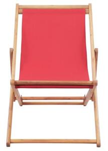 Składany leżak plażowy, tkanina i drewniana rama, czerwony
