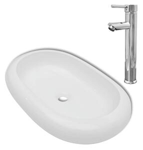 Umywalka z baterią mieszającą, ceramiczna, owalna, biała