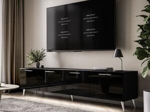 Szafka RTV pod telewizor z drzwiczkami i oświetleniem LED na srebrnych nóżkach 200 cm Noaé Czarny Połysk