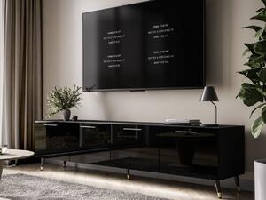 Szafka RTV pod telewizor z drzwiczkami i oświetleniem LED na czarno-złotych nóżkach 200 cm Noaé Czarny Połysk