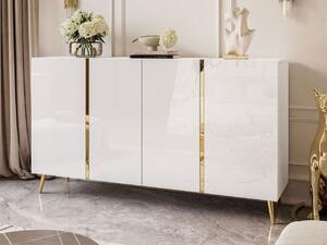 Czterodrzwiowa komoda 158 cm w stylu glamour na złotych nogach Lunelie biały połysk