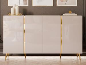 Czterodrzwiowa komoda 158 cm w stylu glamour na złotych nogach Lunelie kaszmir połysk