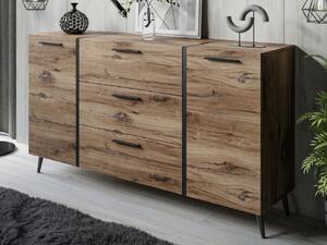 Dwudrzwiowa komoda 158 cm z trzema szufladami i czarnymi uchwytami Lunelie dąb Flagstaff