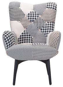 Pikowany fotel z podnóżkiem patchwork biało-czarny drewno kauczukowe retro Vejle Beliani