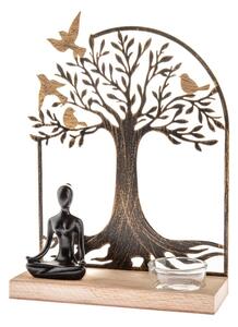 Metalowy świecznik na świeczkę tealight z drewnianą podstawką Buddha, 17 x 23,5 x 6 cm