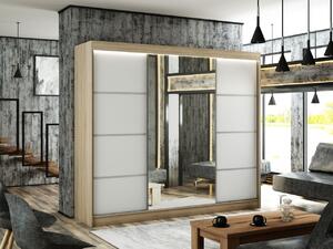 Szafa przesuwna z lustrem 250 cm z oświetleniem LED Portel Biała, Dąb Sonoma