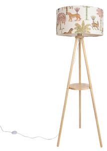 Drewniana lampa podłogowa na trójnogu z wielokolorowym abażurem w zwierzęce wzory 50 cm - Lou