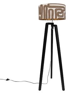 Czarna lampa podłogowa trójnóg z brązowo-beżowym abażurem w paski 50 cm - Puros