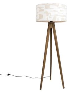 Drewniana lampa podłogowa z beżowo-białym abażurem w paski 50 cm - Tripod Classic