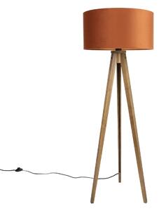 Drewniana lampa podłogowa z pomarańczowym kloszem i złotym wnętrzem 50 cm - Tripod Classic