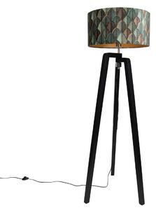 Lampa podłogowa czarny trójnóg z abażurem z motywem liści i złotym wnętrzem 50 cm - Puros