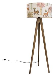 Drewniana lampa podłogowa z wielokolorowym kloszem w zwierzęcy wzór 50 cm - Tripod Classic