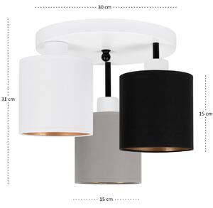 Lampa sufitowa biała trzypunktowa z szaro-czarno-białymi abażurami C-3