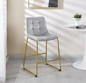Hoker tapicerowany Maroko jasno szary nogi złote krzesło barowe pikowany welur
