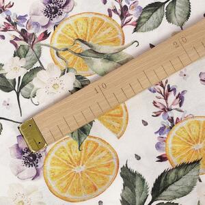Goldea tkanina dekoracyjna loneta - pomarańcze i kwiaty - szer. 140cm 140 cm