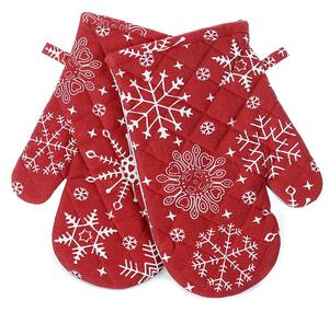 Rękawica kuchenna bawełniana świąteczna - płatki śniegu na czerwonym - 2 sztuki