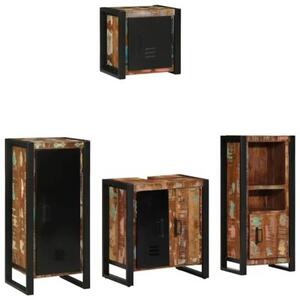 Nowoczesny zestaw mebli łazienkowych z litego drewna recyklingowego, 4 szafki, minimalistyczny design, czarne uchwyty