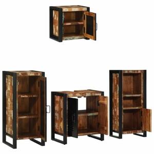Nowoczesny zestaw mebli łazienkowych z litego drewna recyklingowego, 4 szafki, minimalistyczny design, czarne uchwyty