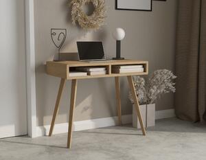 Biurko dębowe minimalistyczne z dwiema drewnianymi półkami