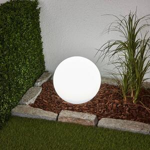 Lindby Lampa solarna LED Lago, Ø 30 cm, kula ziemska, szpikulec, biały